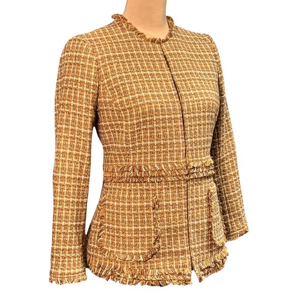 Brooks Brothers Tweed Blazer Sz 6 Tan Fringe Trim Career Old Money Office Work - Picture 5 of 14